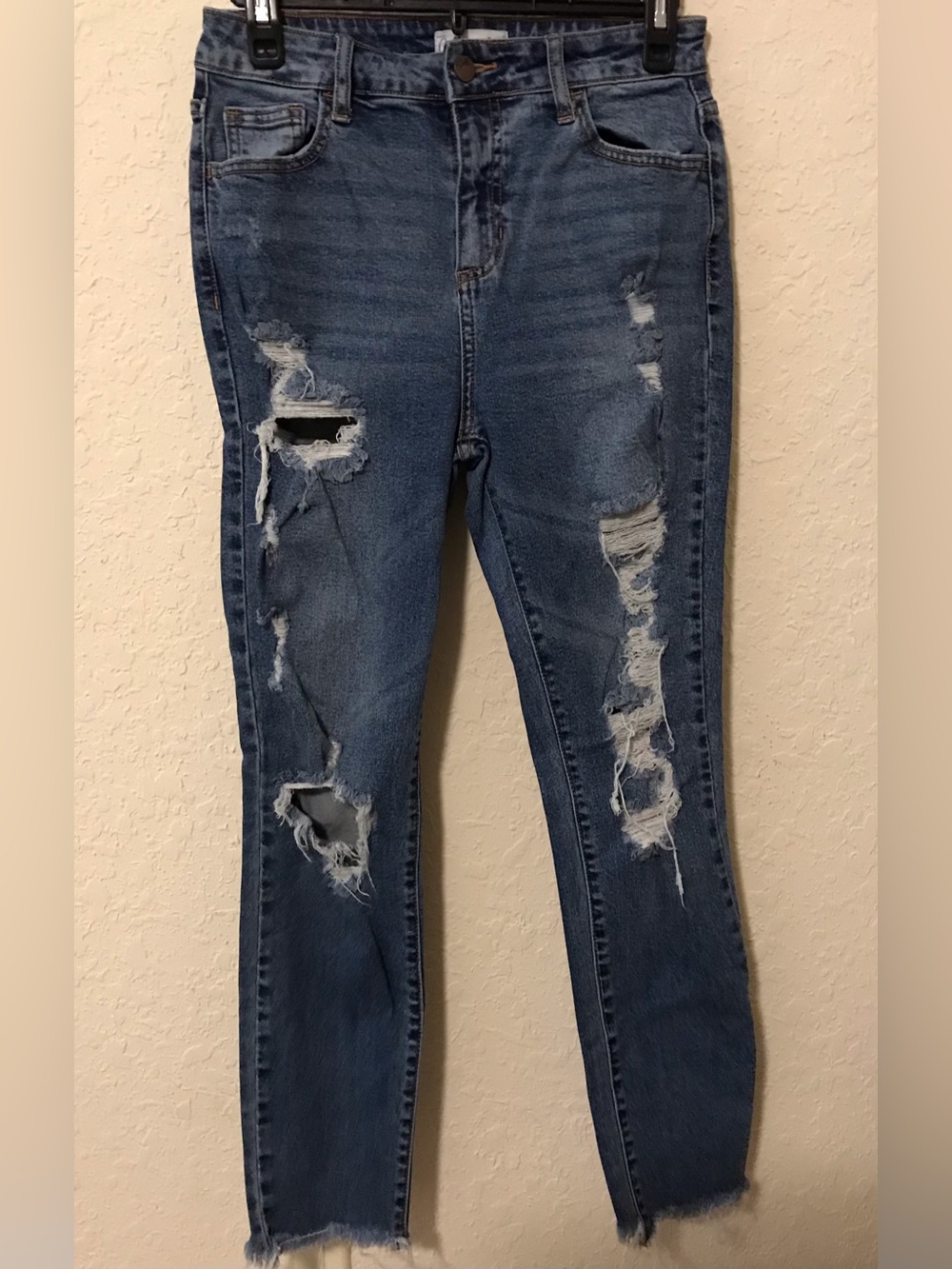 Cello High Rise Distressed Skinny Jeans - Medium Wash & Raw Hem